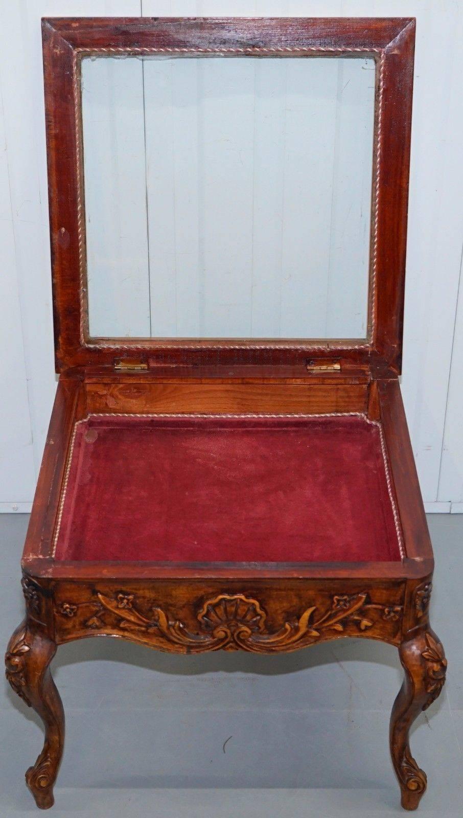 20th Century Rare Pair of Carved Wood Display Cabinet Case Coffee Table & Matching Side Table