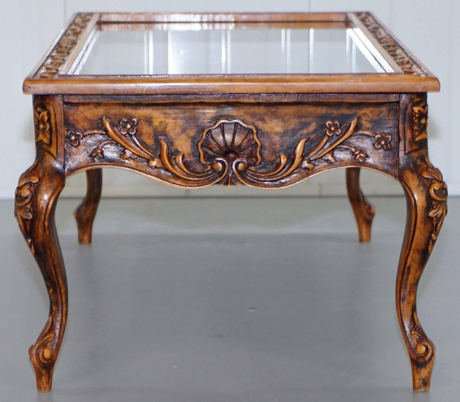 French Rare Pair of Carved Wood Display Cabinet Case Coffee Table & Matching Side Table