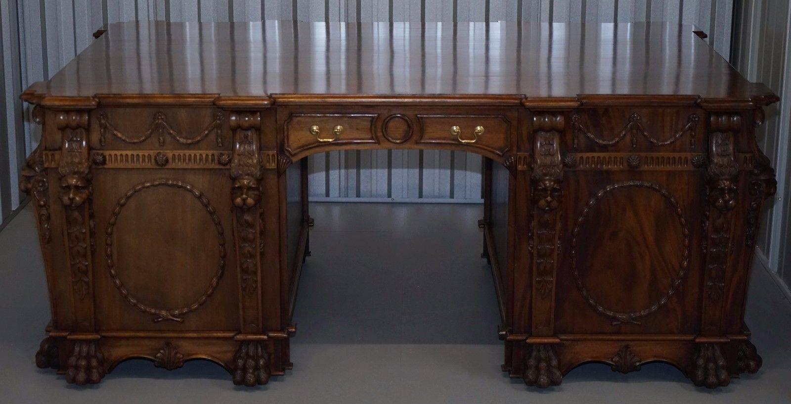 George III Victorian Pedestal Partner Desk Based on 1767 Thomas Chippendale Nostell Priory