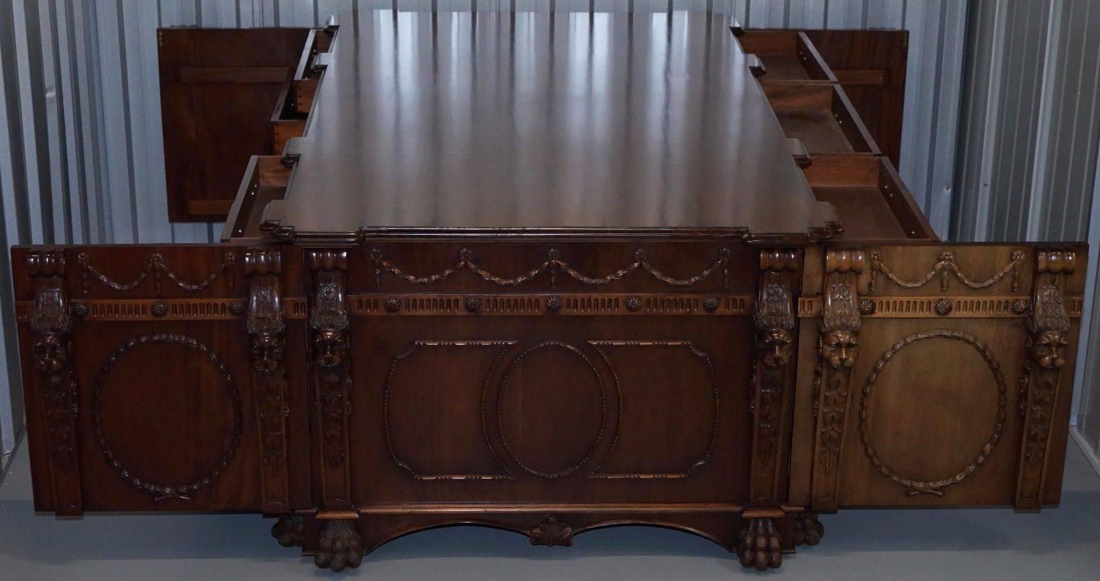 British Victorian Pedestal Partner Desk Based on 1767 Thomas Chippendale Nostell Priory