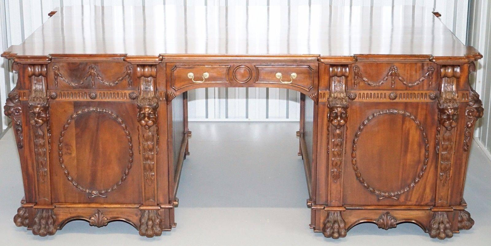 Hand-Carved Victorian Pedestal Partner Desk Based on 1767 Thomas Chippendale Nostell Priory