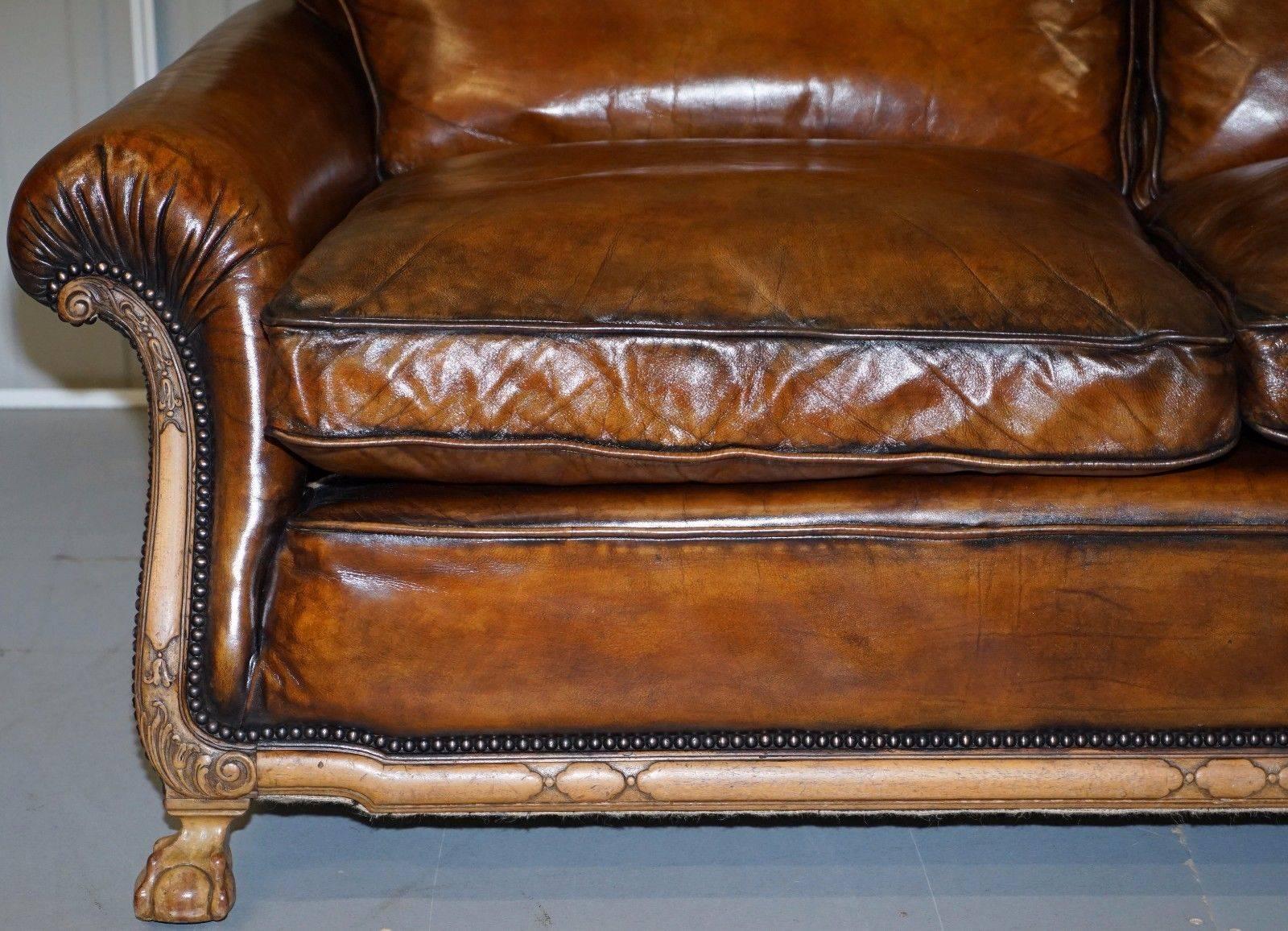 British Stunning Aged Brown Leather, circa 1910 Satinwood Claw & Ball Feet Leather Sofa