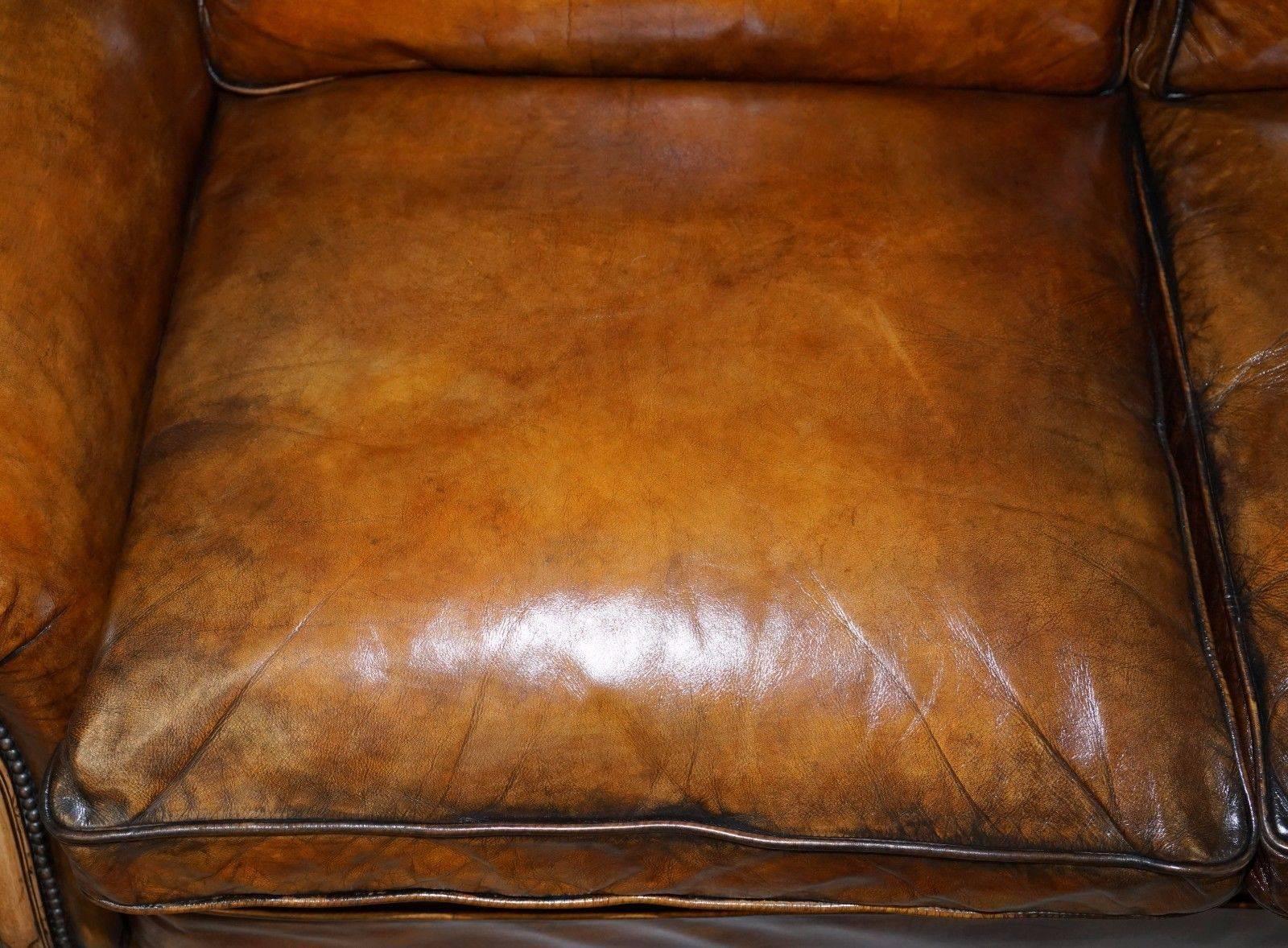 Edwardian Stunning Aged Brown Leather, circa 1910 Satinwood Claw & Ball Feet Leather Sofa