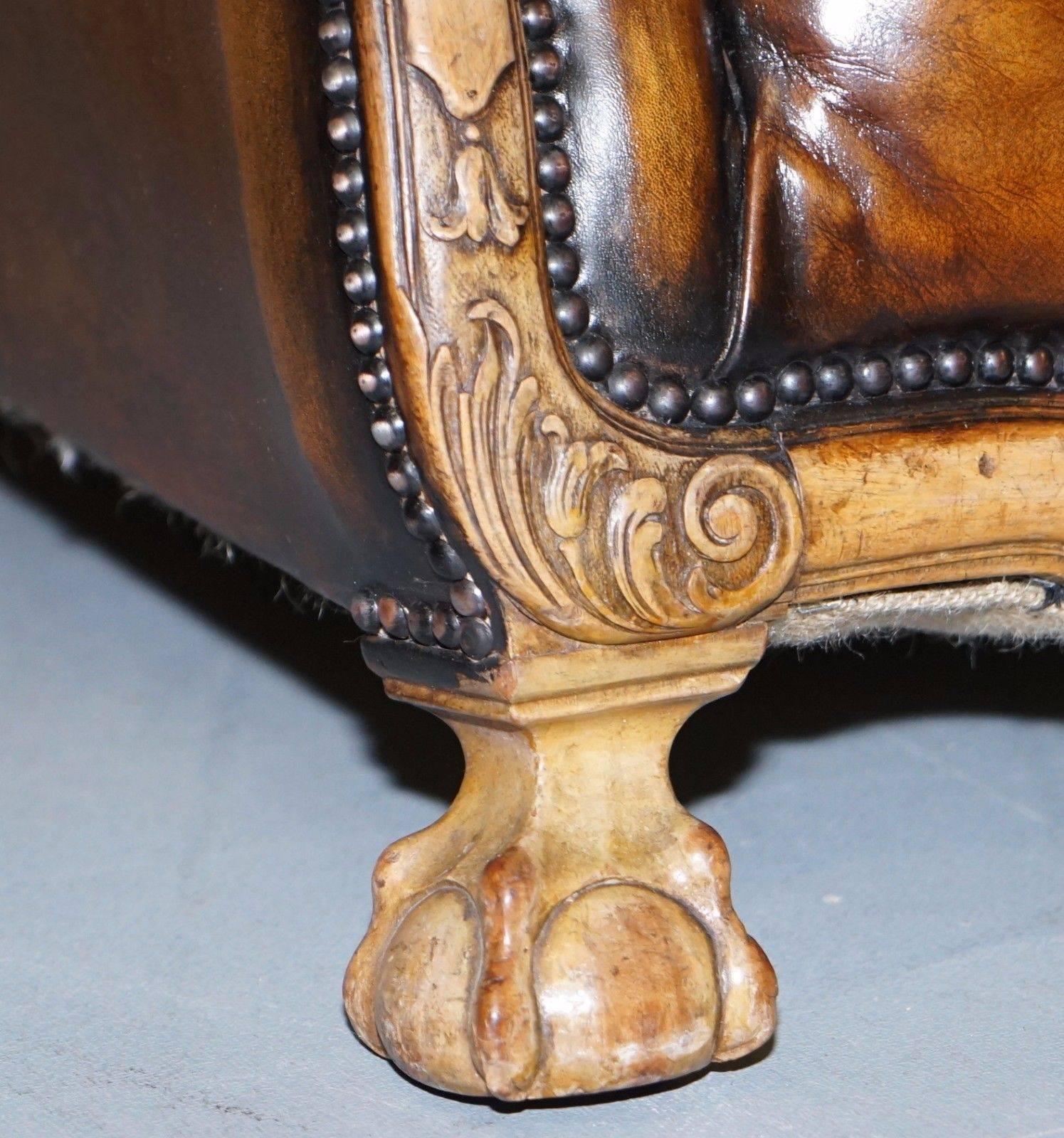 Hand-Carved Stunning Aged Brown Leather, circa 1910 Satinwood Claw & Ball Feet Leather Sofa