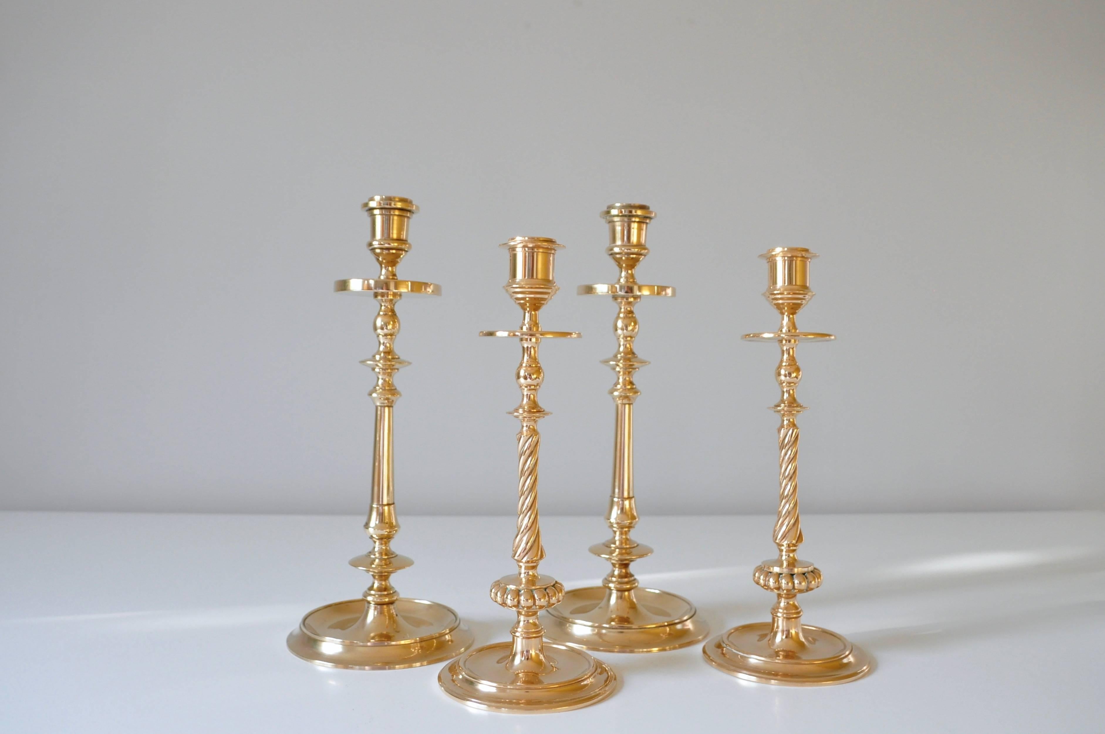 This beautiful set includes ten Art Deco candleholders made in Denmark & Sweden. 
They are made of solid brass and in very nice condition with small signs of use. 

The sizes are: 

Two x 27cm height
Two x 26cm height
Two x 23.5cm height
Two