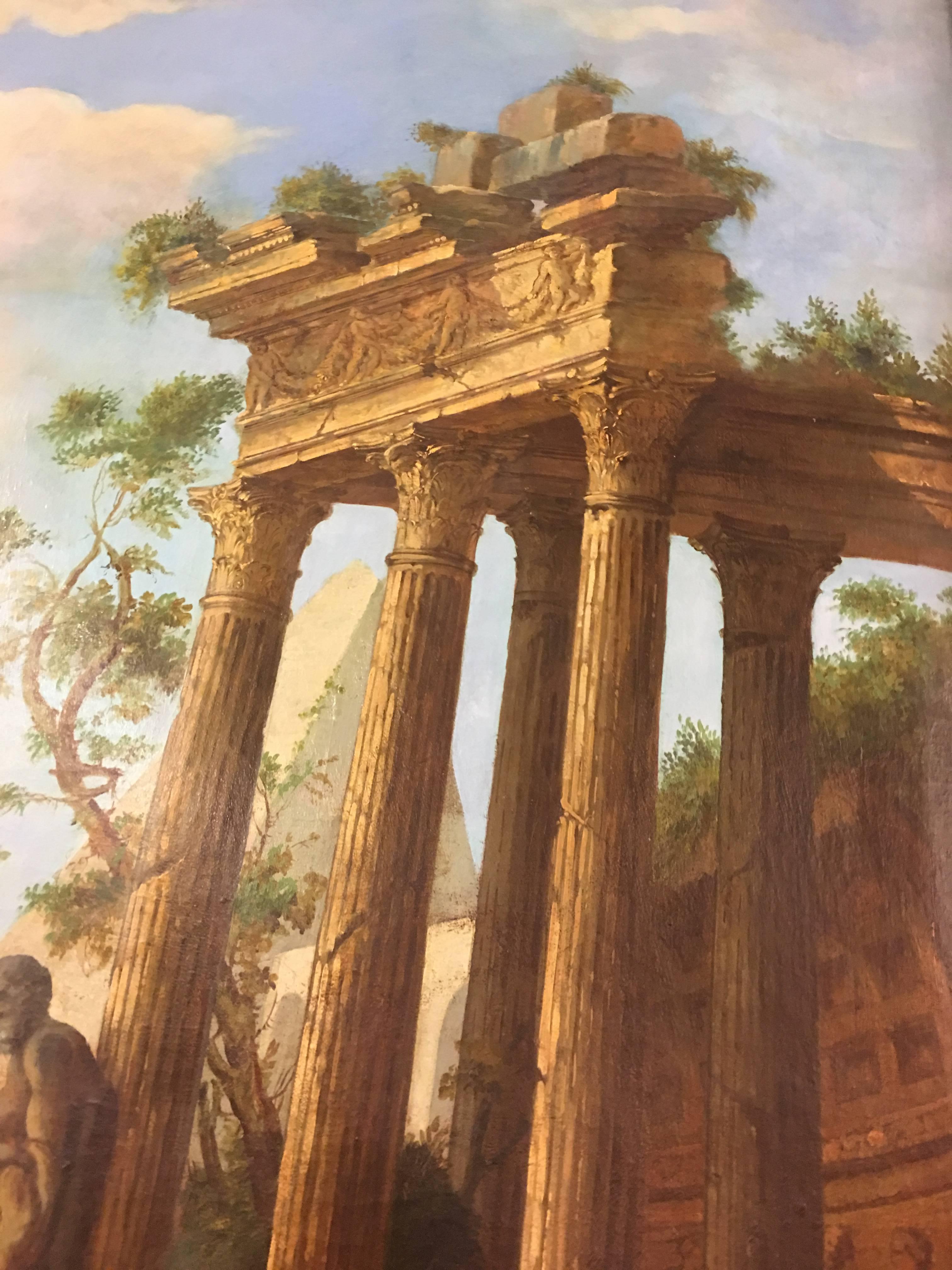 Italian Majestic Pair of Oil in Canvas, Architectural Capriccio, Roman Ruins with Figure For Sale