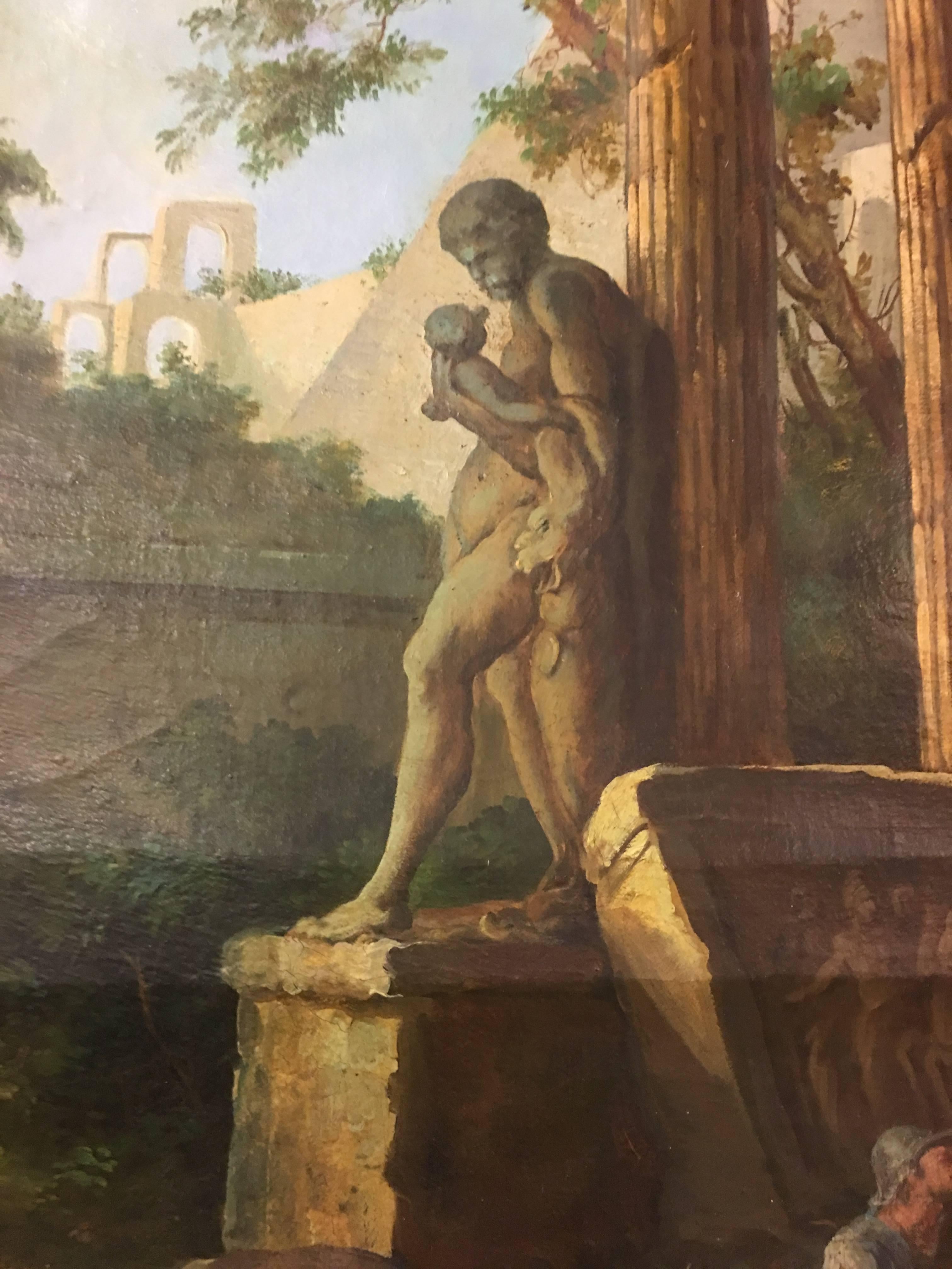 Painted Majestic Pair of Oil in Canvas, Architectural Capriccio, Roman Ruins with Figure For Sale
