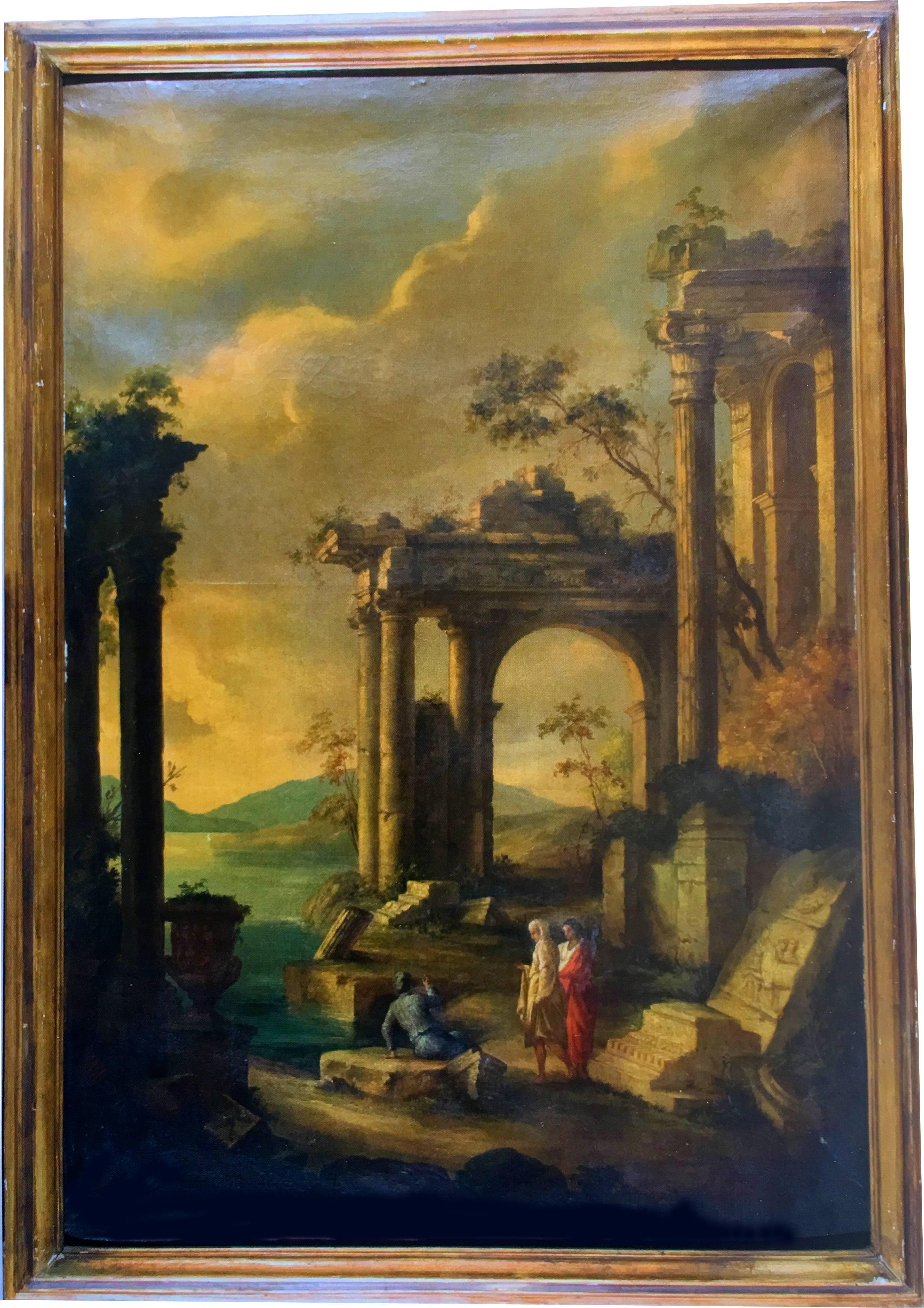 Majestic Pair of Oil in Canvas, Architectural Capriccio, Roman Ruins with Figure For Sale 1