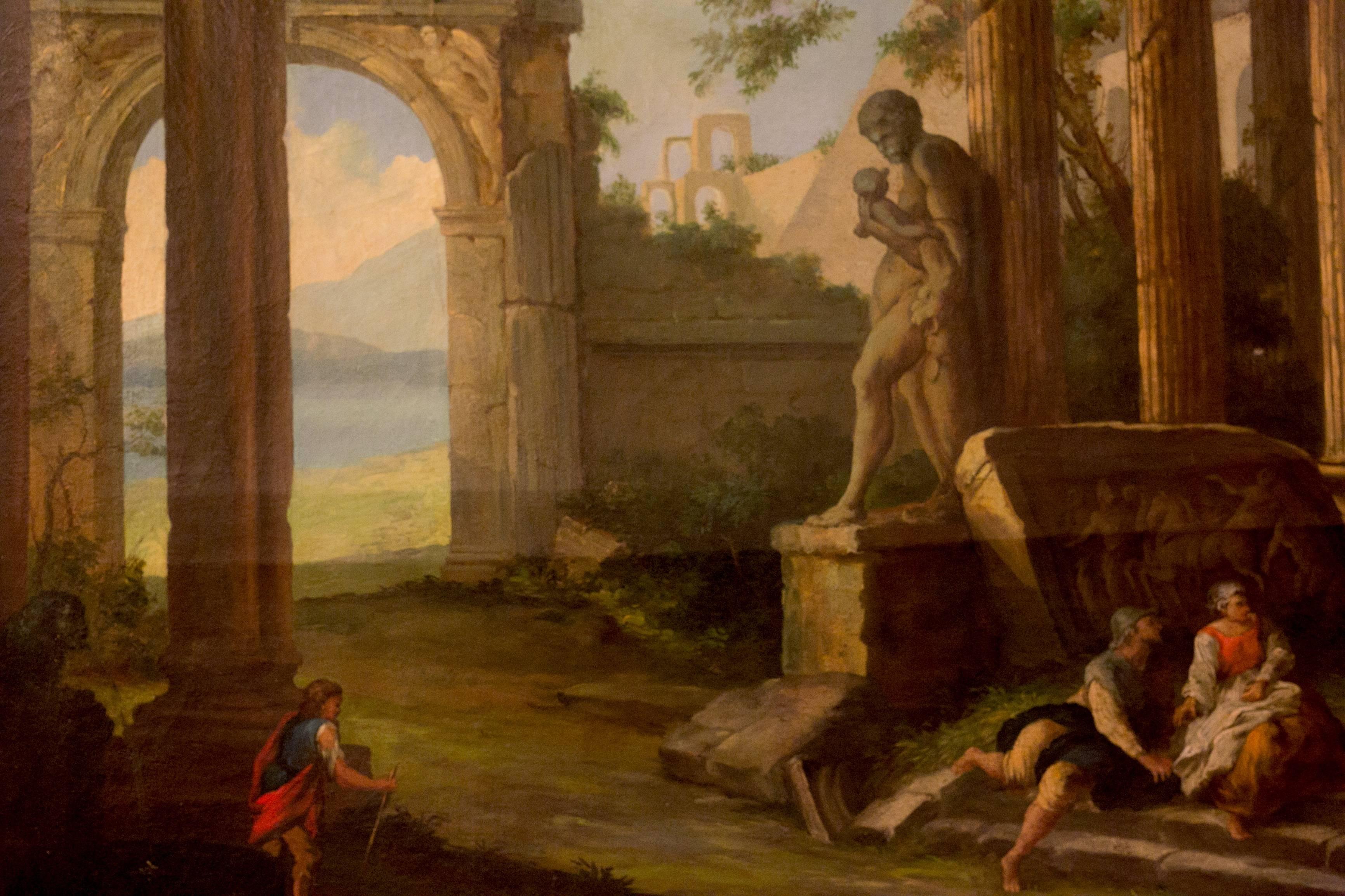Majestic Pair of Oil in Canvas, Architectural Capriccio, Roman Ruins with Figure In Good Condition For Sale In Cervia, IT