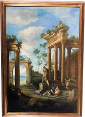 Majestic Pair of Oil in Canvas, Architectural Capriccio, Roman Ruins with Figure