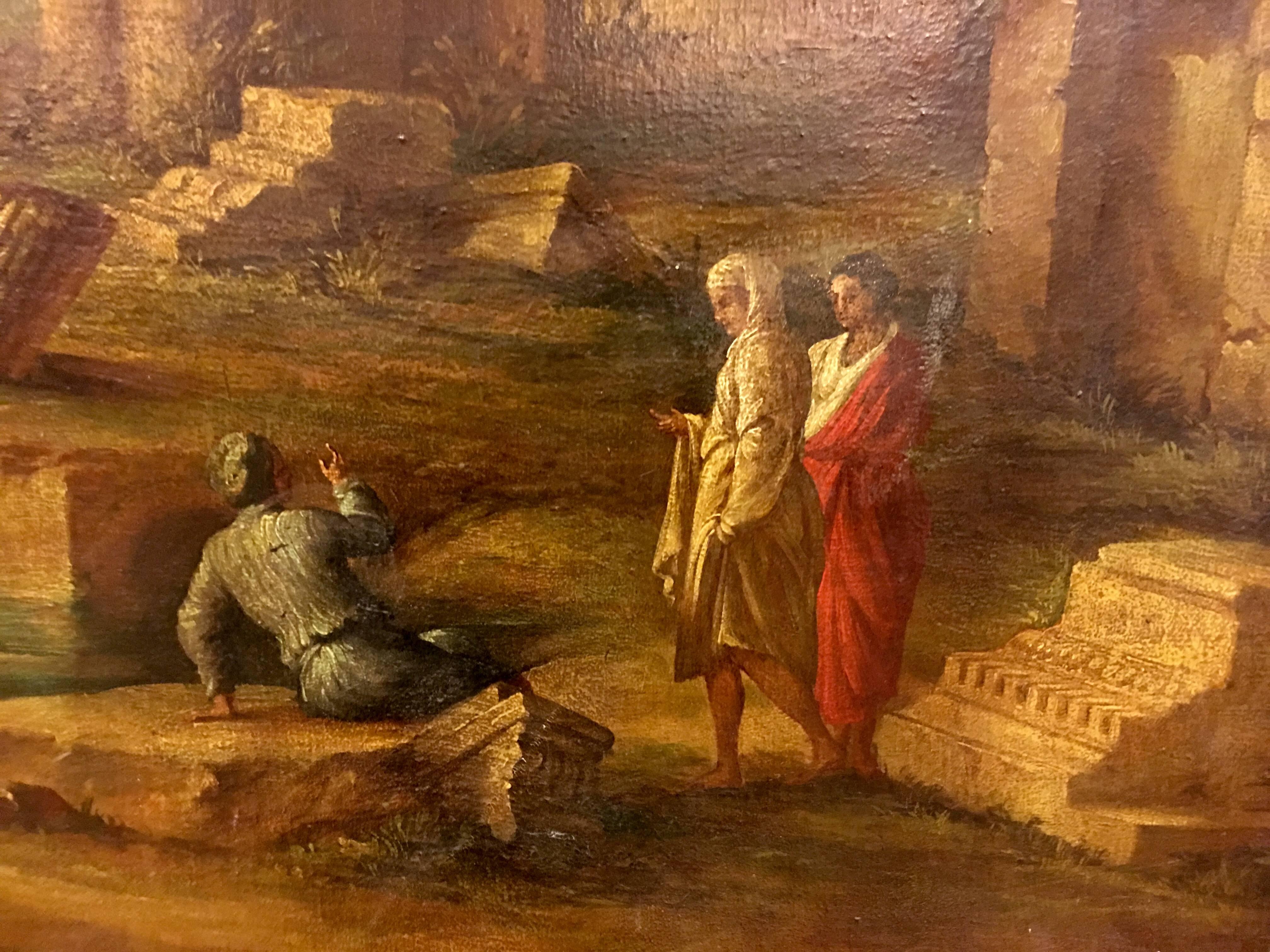 Majestic Pair of Oil in Canvas, Architectural Capriccio, Roman Ruins with Figure For Sale 2