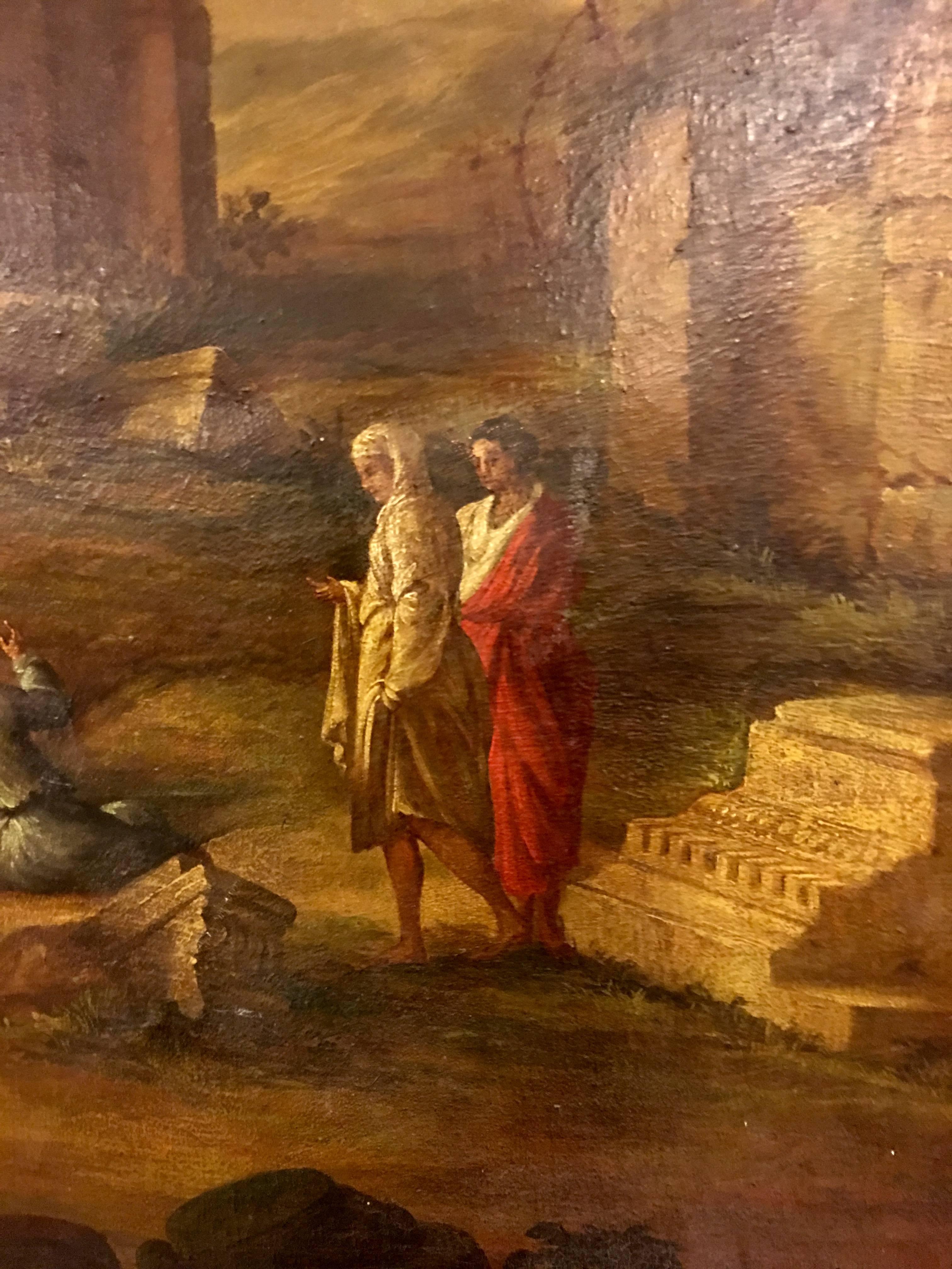 Majestic Pair of Oil in Canvas, Architectural Capriccio, Roman Ruins with Figure For Sale 3