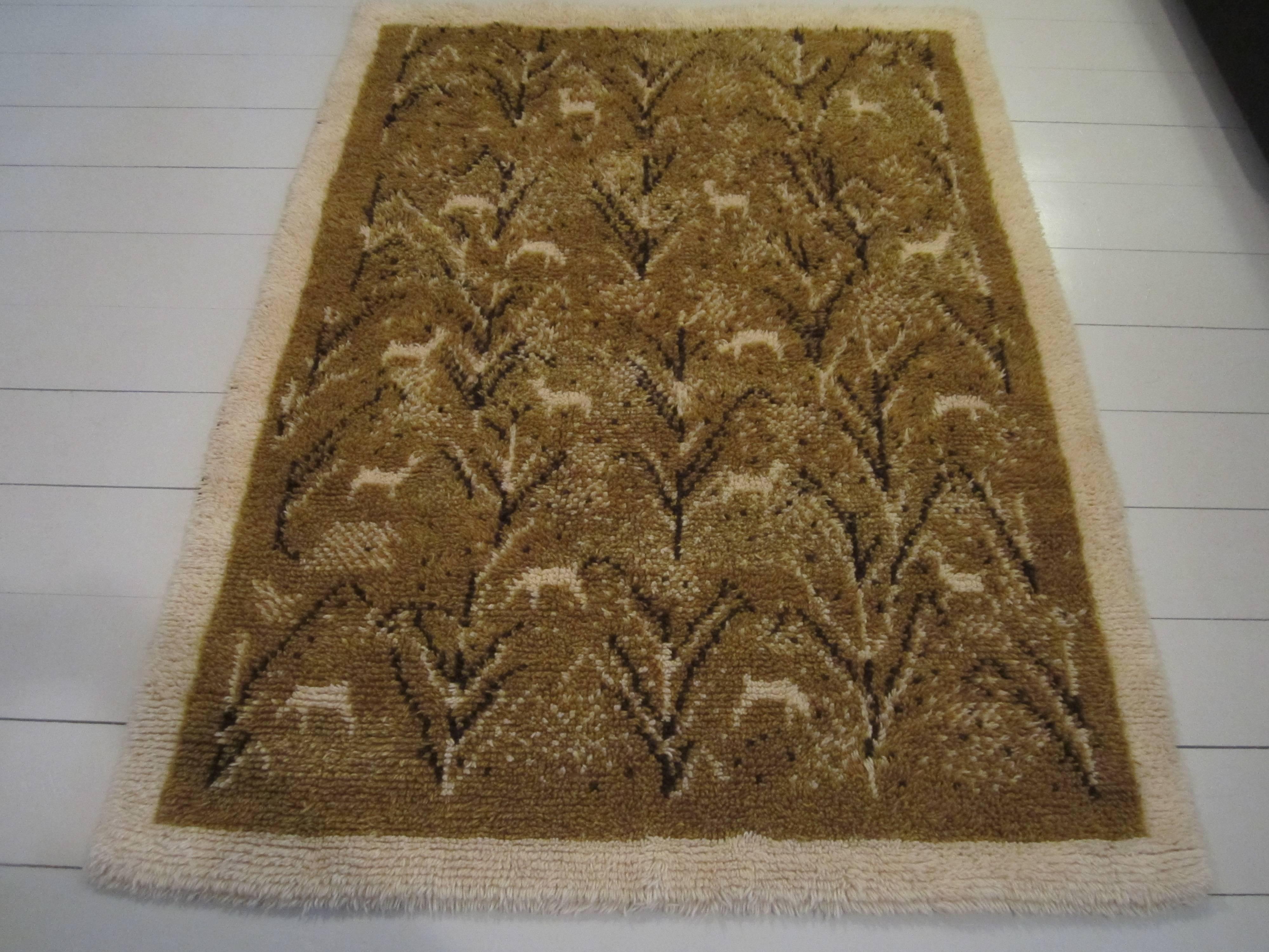 Hand-Knotted Yellow Scandinavian Rya Rug, Vintage from 1950s For Sale