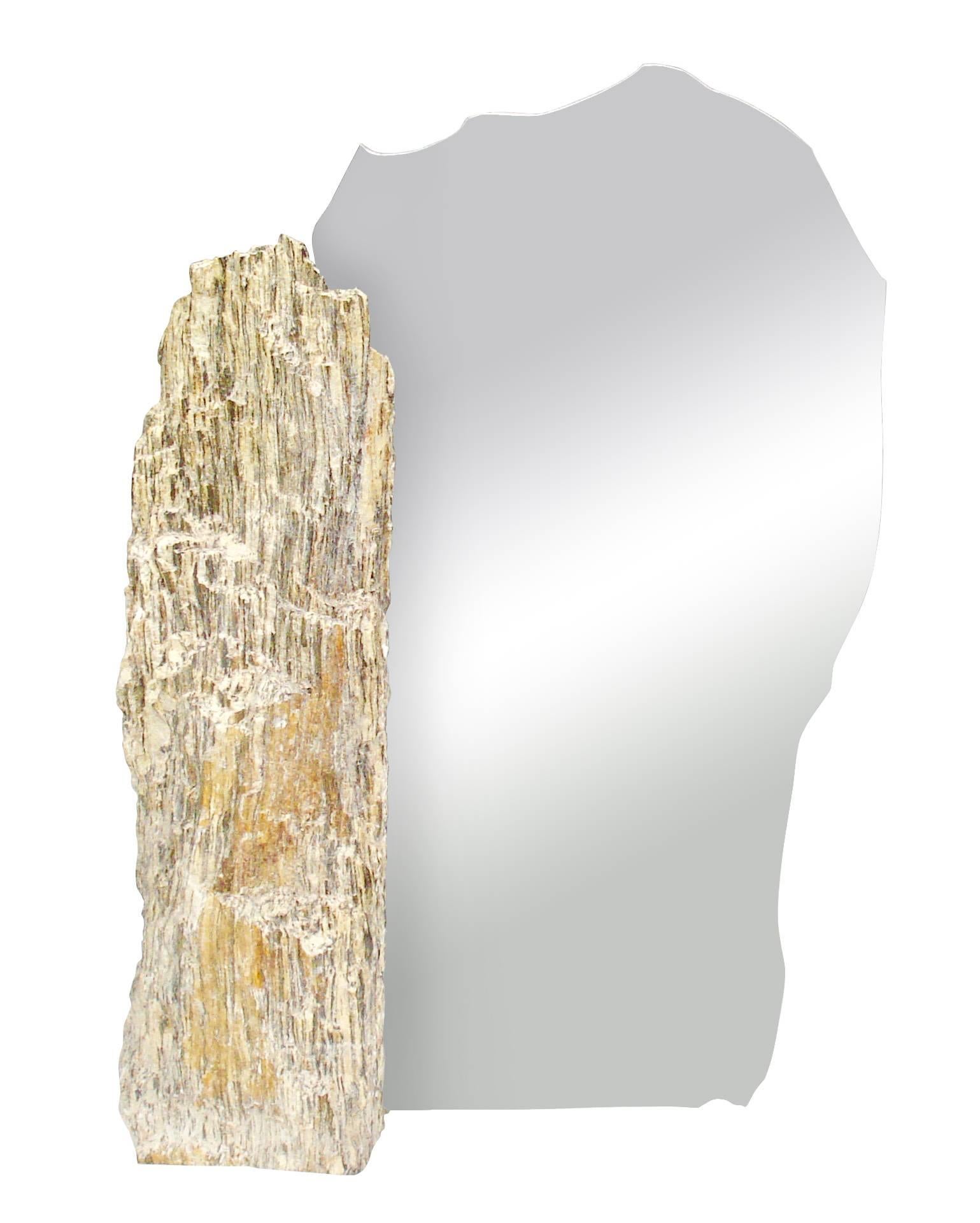 Dancing Ballerina its exclusive sculpture-mirror excellent piece for high fashion boutiques or home. 

Fossil stone (wood stone) found on Europe Alpine areas its rich texture with changing colors and shades qualities. Dark, gold, silver shades