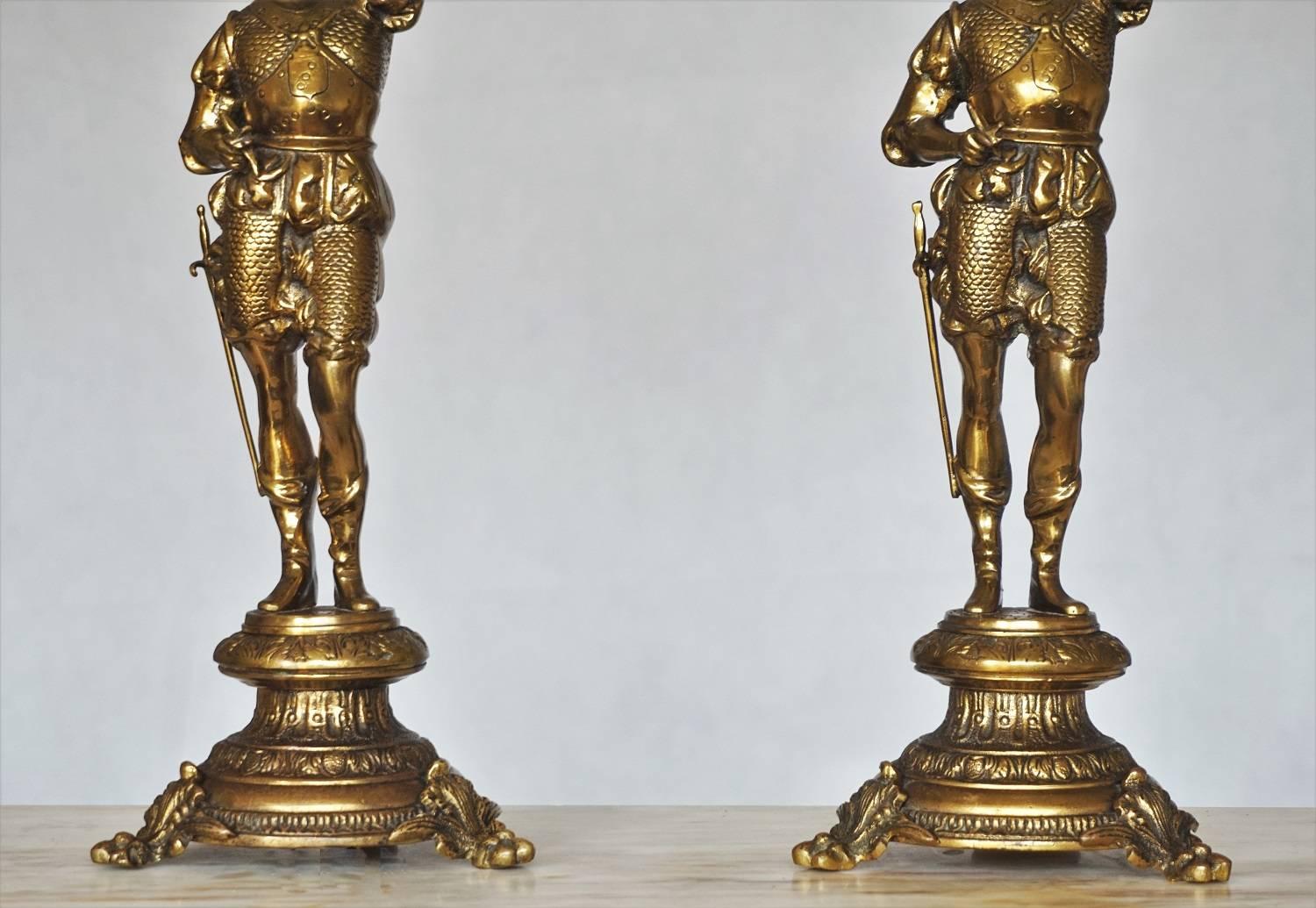 Portuguese Pair of Late 19th Century Bronze Soldiers Electrified Candelabras, Table Lamps