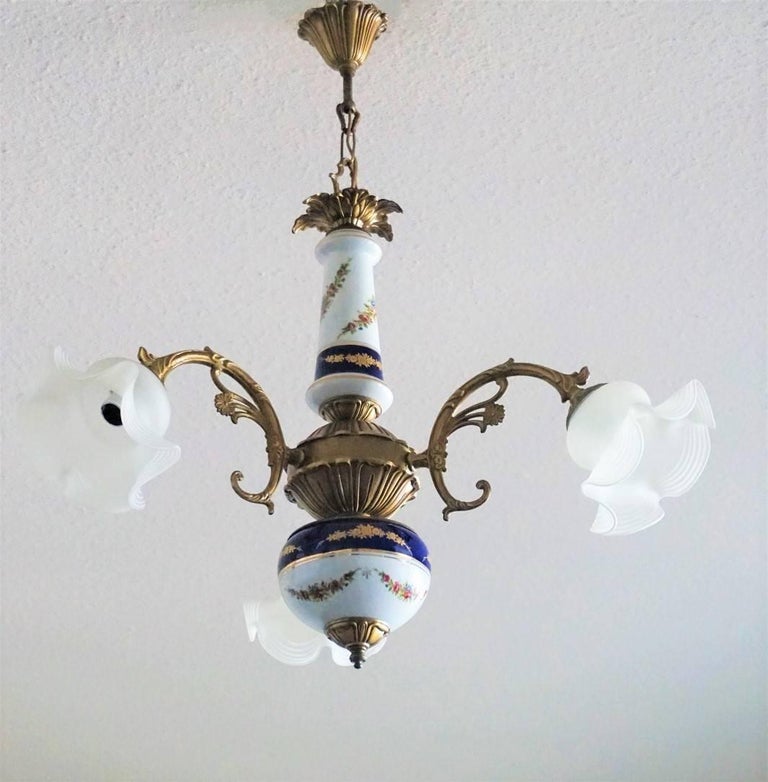 Vintage Limoges Hand Painted Porcelain And Glass Three Light Vintage Limoges Porcelain And Brass Chandelier Circa 1950 Hand Painted With Fl