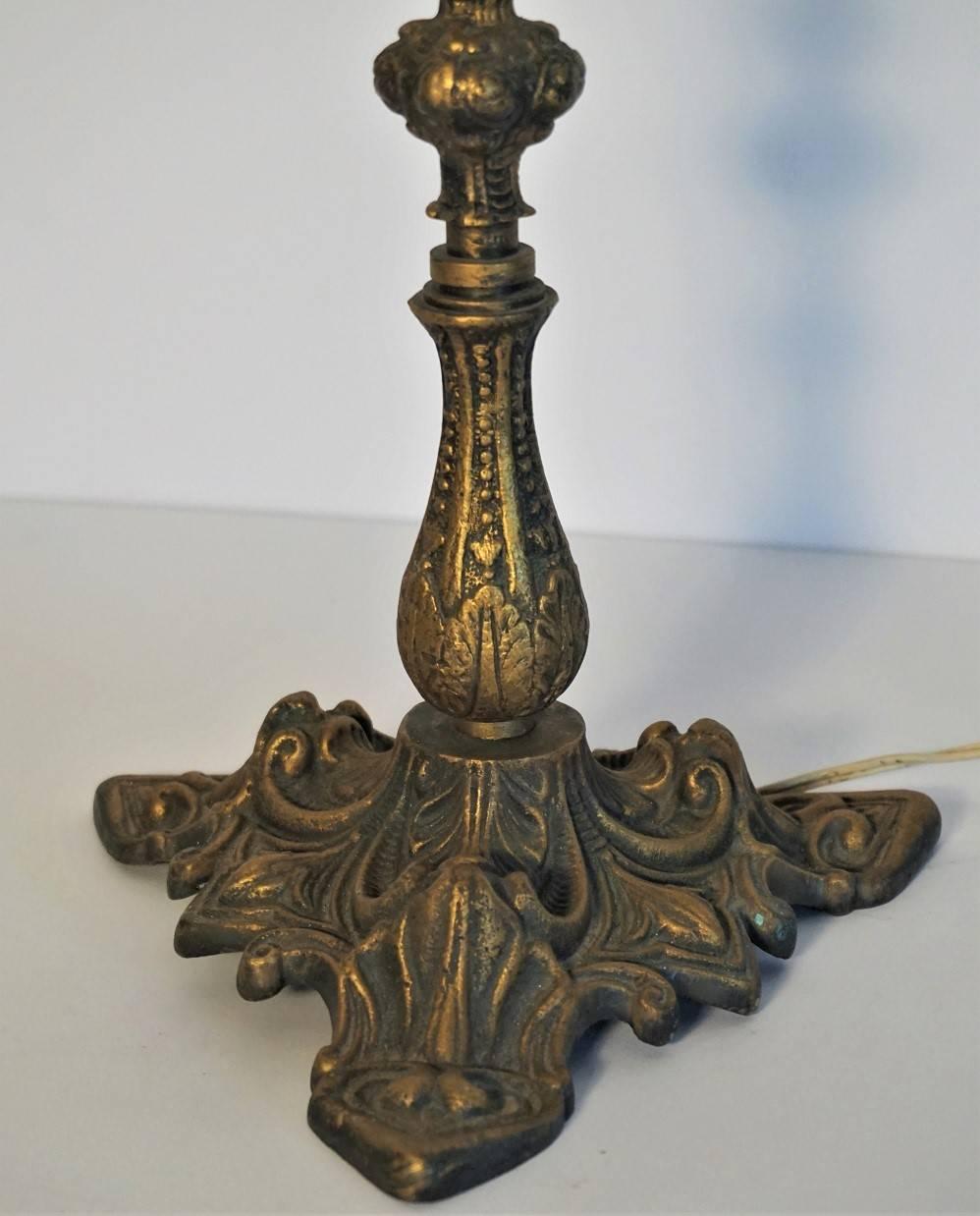 Art Nouveau Bronze Candelabra Table Lamp with Glass Tulip Shade