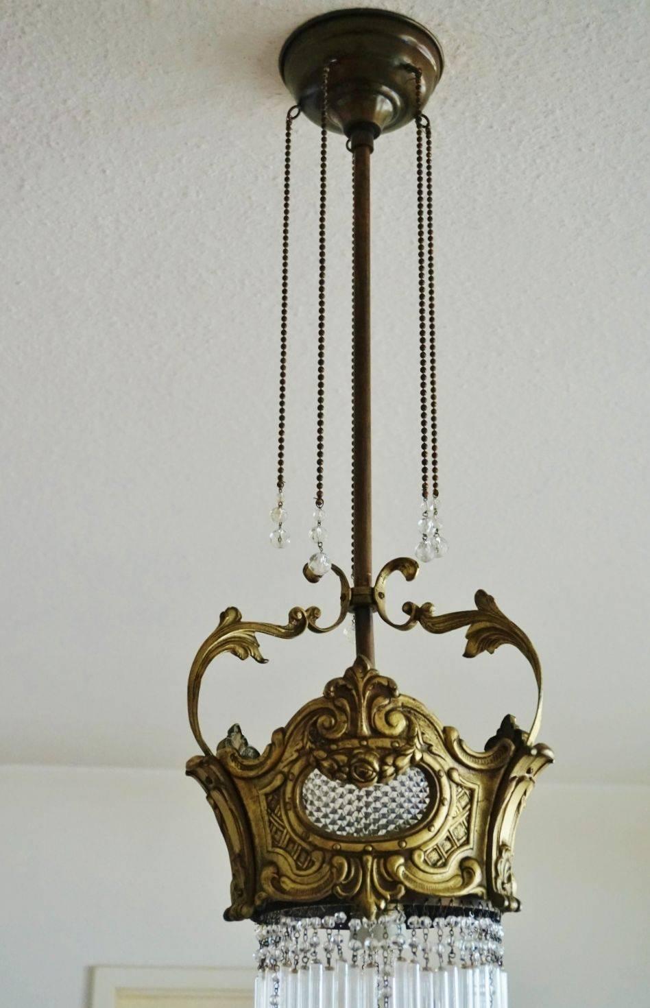 Crystal Late 19th Century French Art Nouveau Cast Bronze Glass Rods Chandelier, Unique