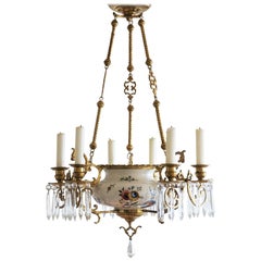 19th Century French Dóre Bronze and Faience Candle Chandelier, Choisy-le-Roy