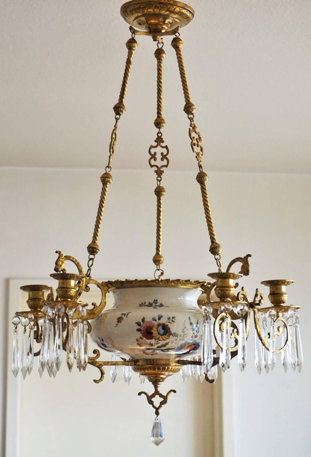 19th Century French Dóre Bronze and Faience Candle Chandelier, Choisy-le-Roy (Neugotik)