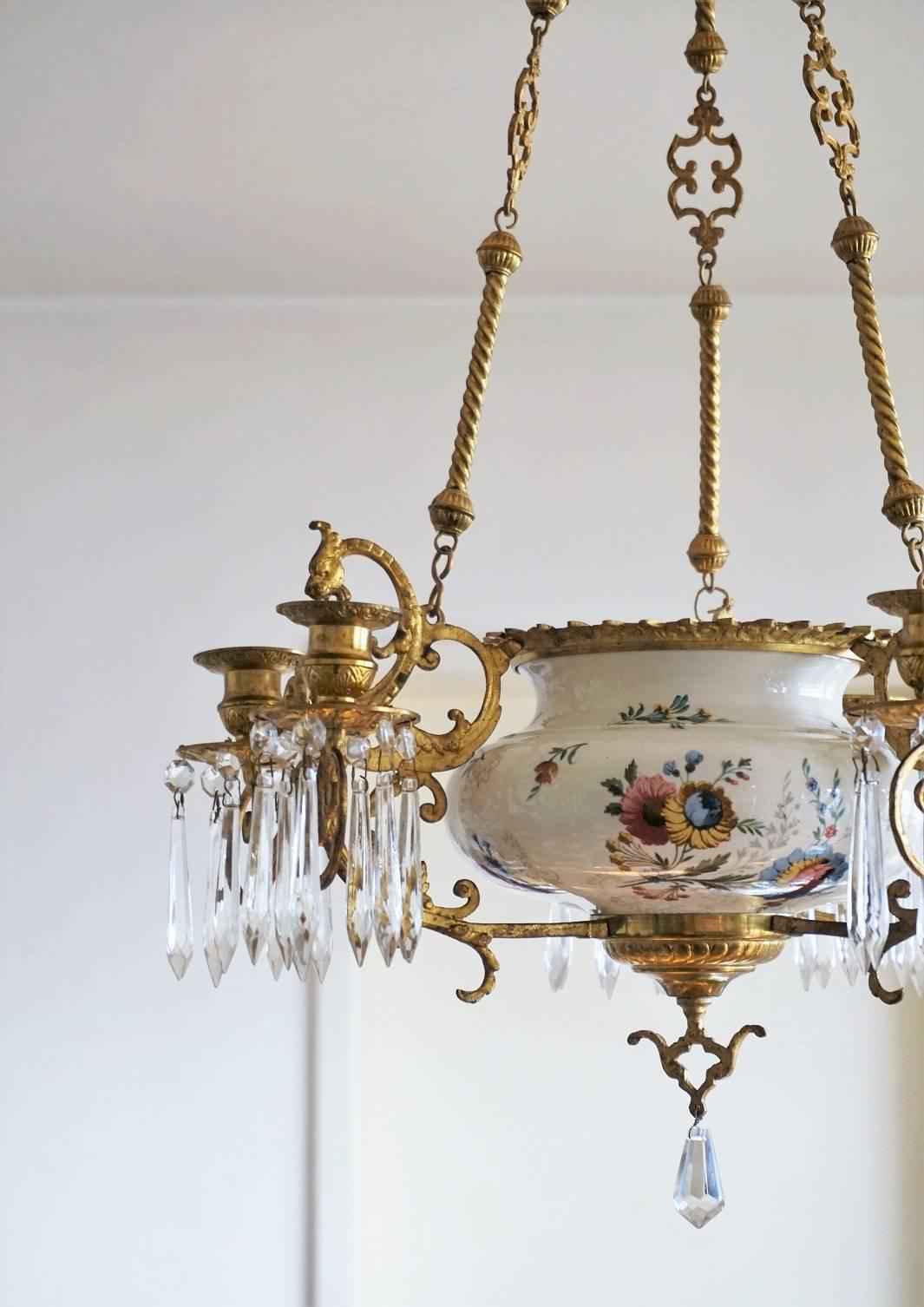 19th Century French Dóre Bronze and Faience Candle Chandelier, Choisy-le-Roy (Vergoldet)