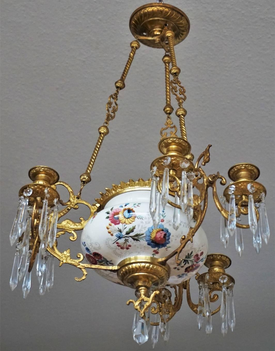 19th Century French Dóre Bronze and Faience Candle Chandelier, Choisy-le-Roy 1