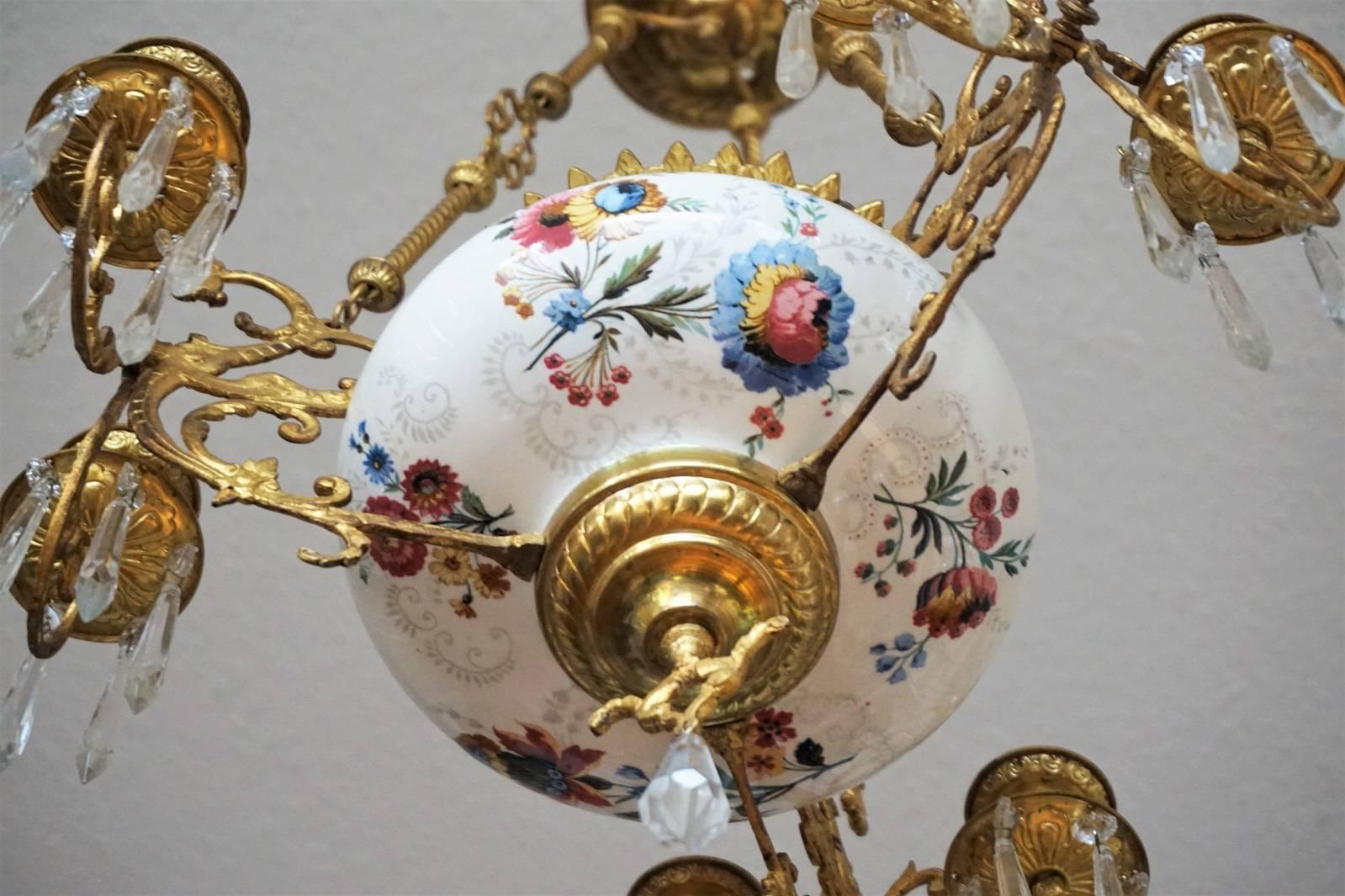 19th Century French Dóre Bronze and Faience Candle Chandelier, Choisy-le-Roy 2