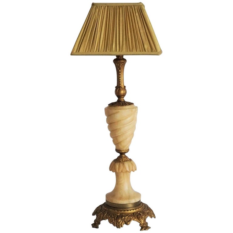 Vintage Carved Alabaster And Gilt Bronze Table Lamp Circa 1950