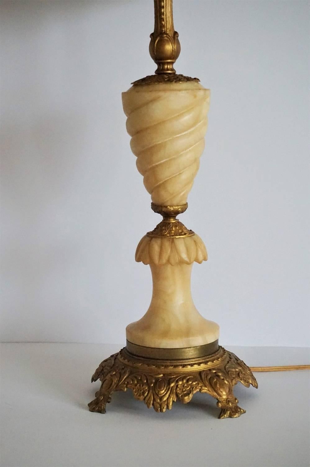 Neoclassical Vintage Carved Alabaster and Gilt Bronze Table Lamp, circa 1950