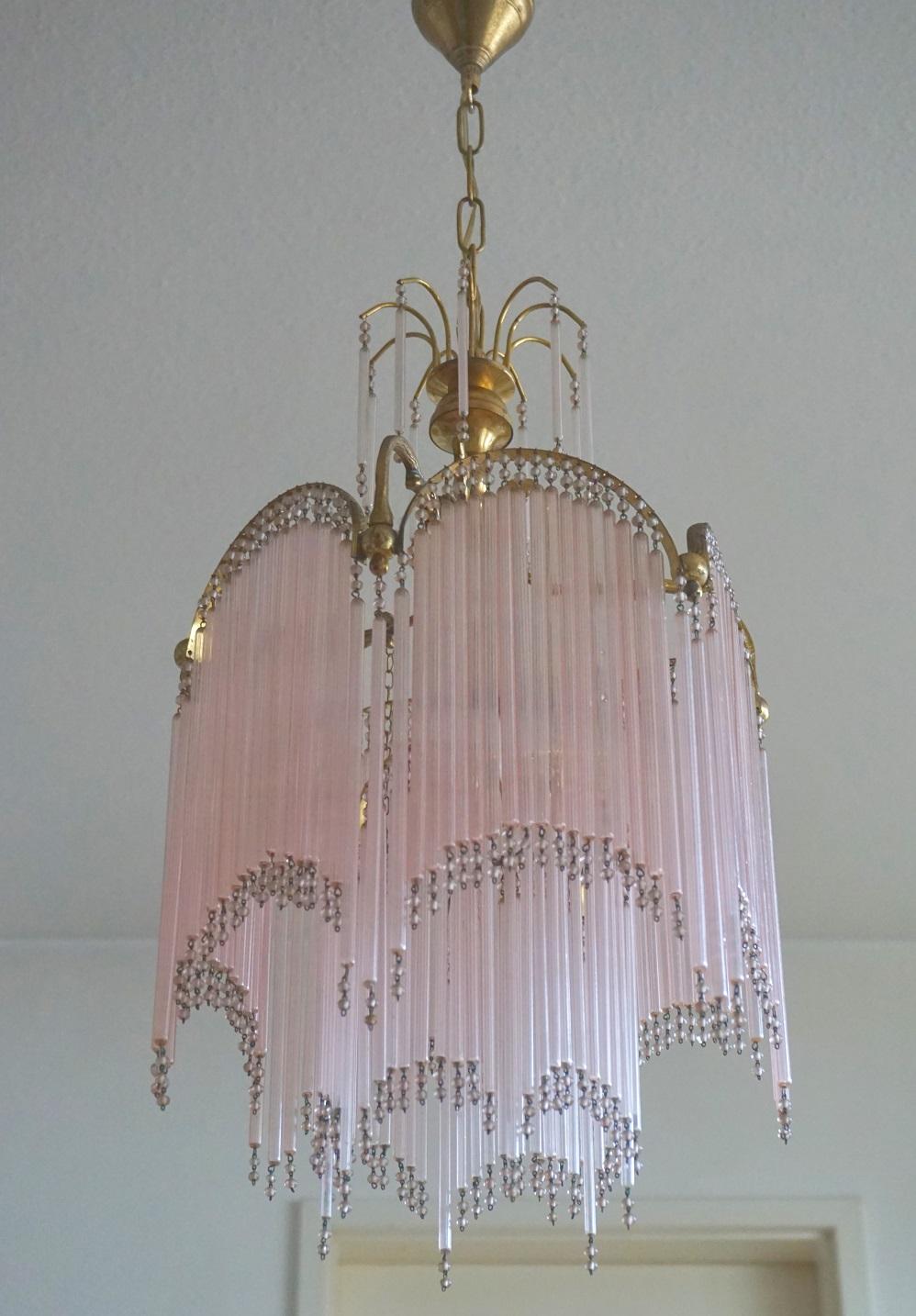 Art Nouveau Midcentury French Cascading Glass Rod and Brass Chandelier