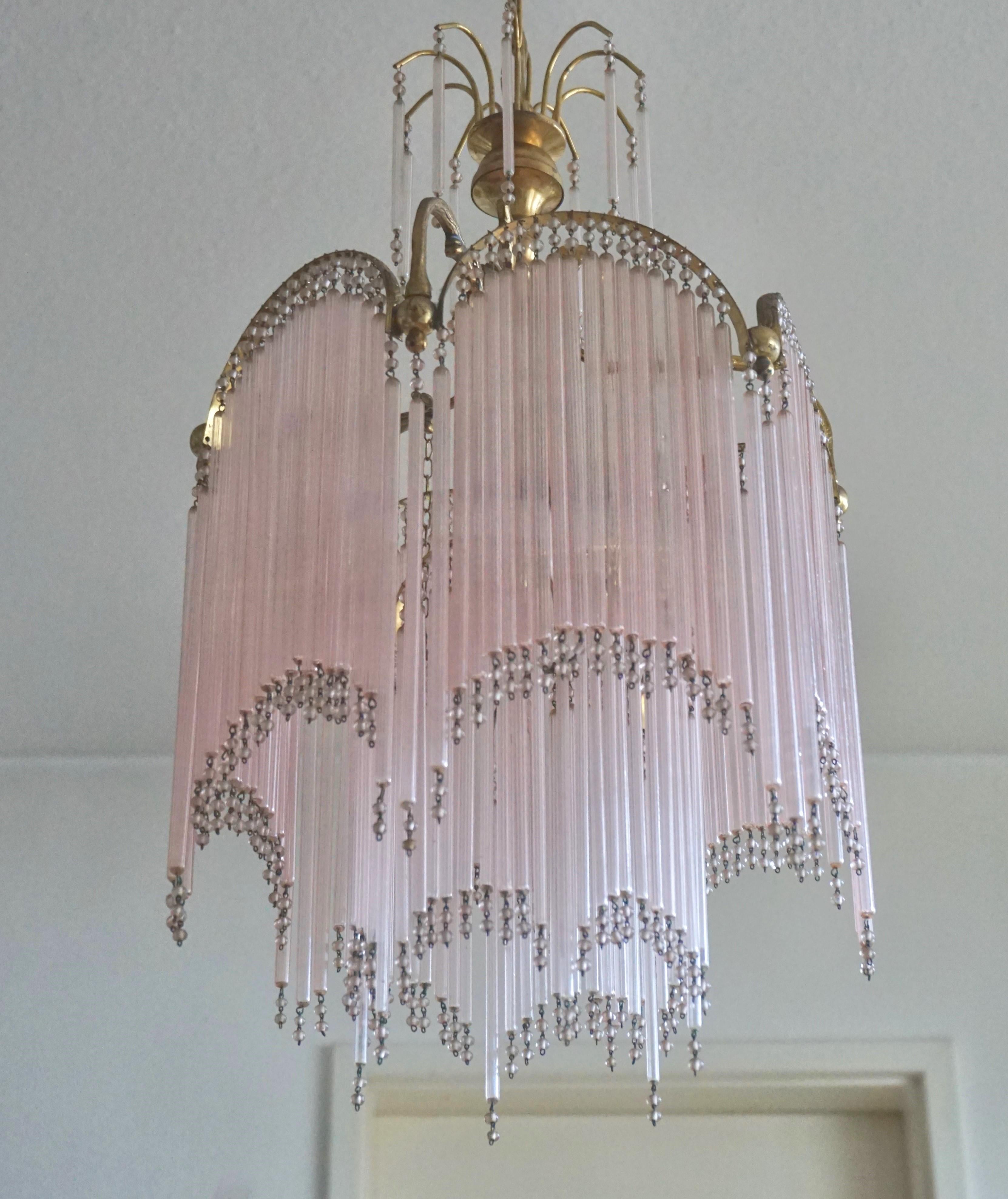 Midcentury French Cascading Glass Rod and Brass Chandelier In Good Condition In Frankfurt am Main, DE