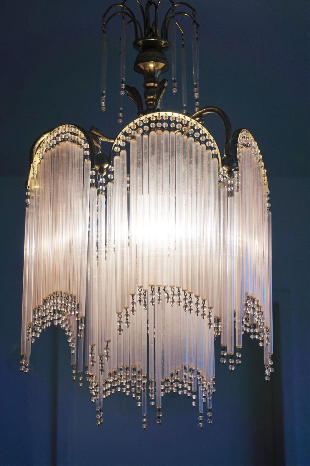 Midcentury French Cascading Glass Rod and Brass Chandelier 2