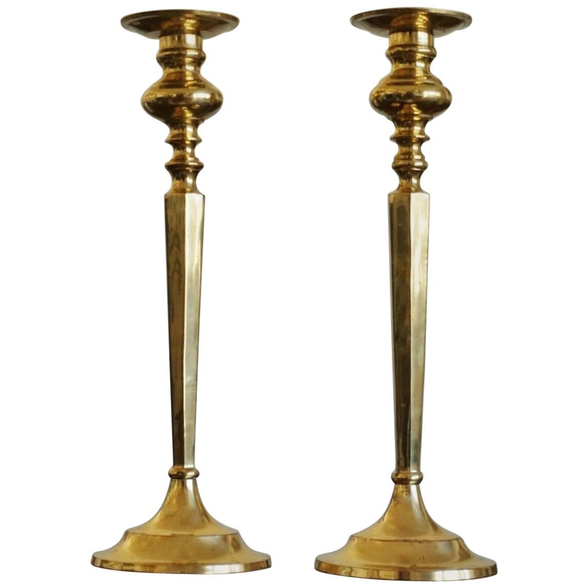 Pair of Solid Brass Altar Candleholders, France, Late 19th Century