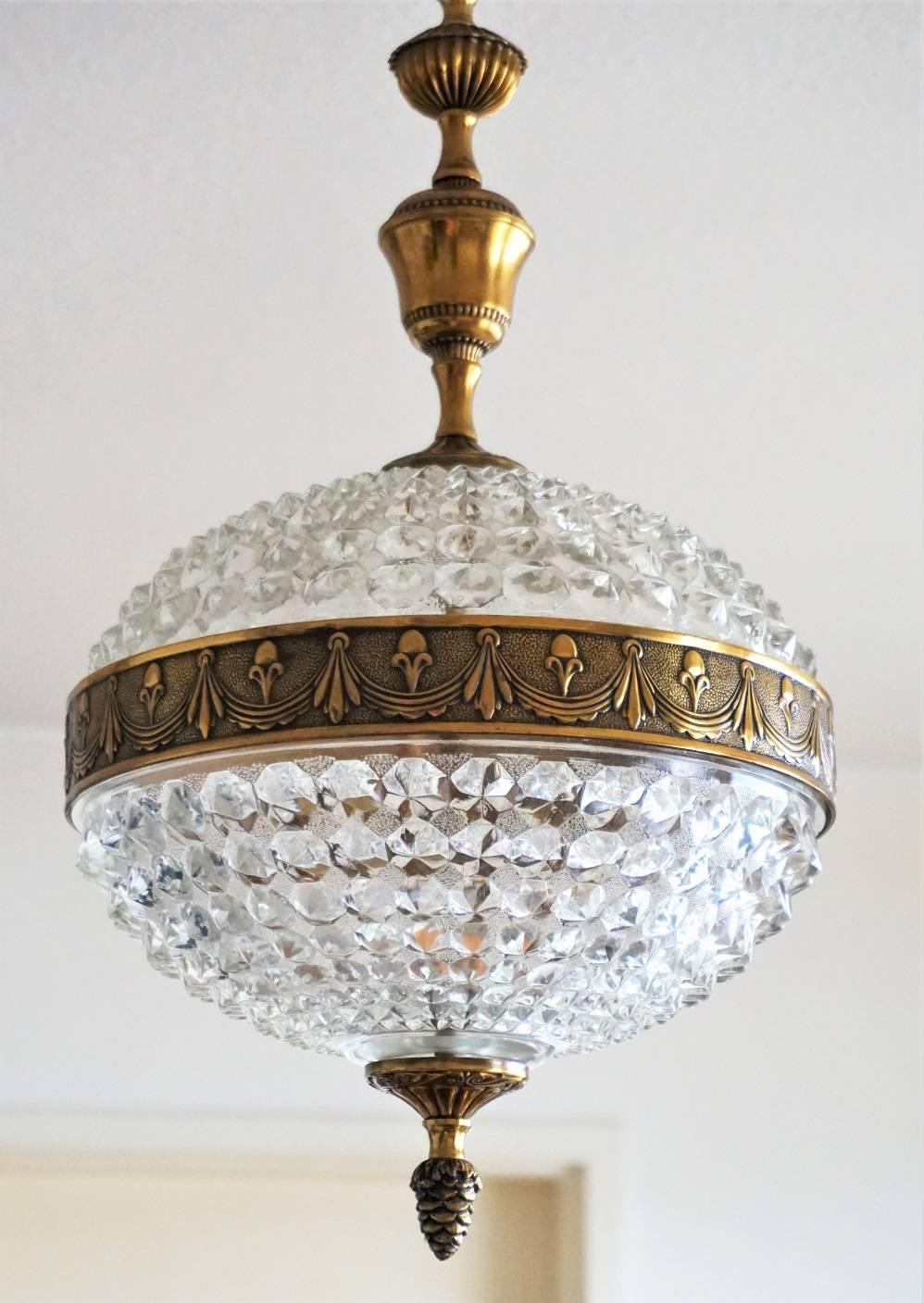 Portuguese Art Deco Glass Brass Ball Chandelier or Lantern, 1960s