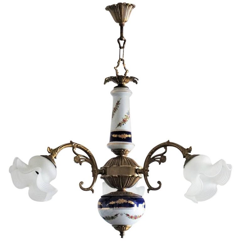 Mid Century French Limoges Porcelain And Frosted Glass Three Light Mid Century French Limoges Porcelain And Frosted Glass Three Light Chandelier For Vintage Burnished Brass