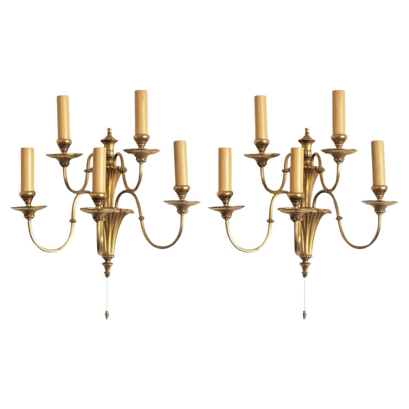 Four English Victorian Style Brass Five-Light Electrified Wall Sconces