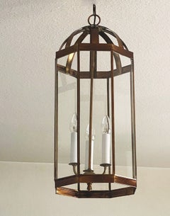 French Arte Deco Patinated Brass Clear Glass Eight-Sided Lantern, 1930s