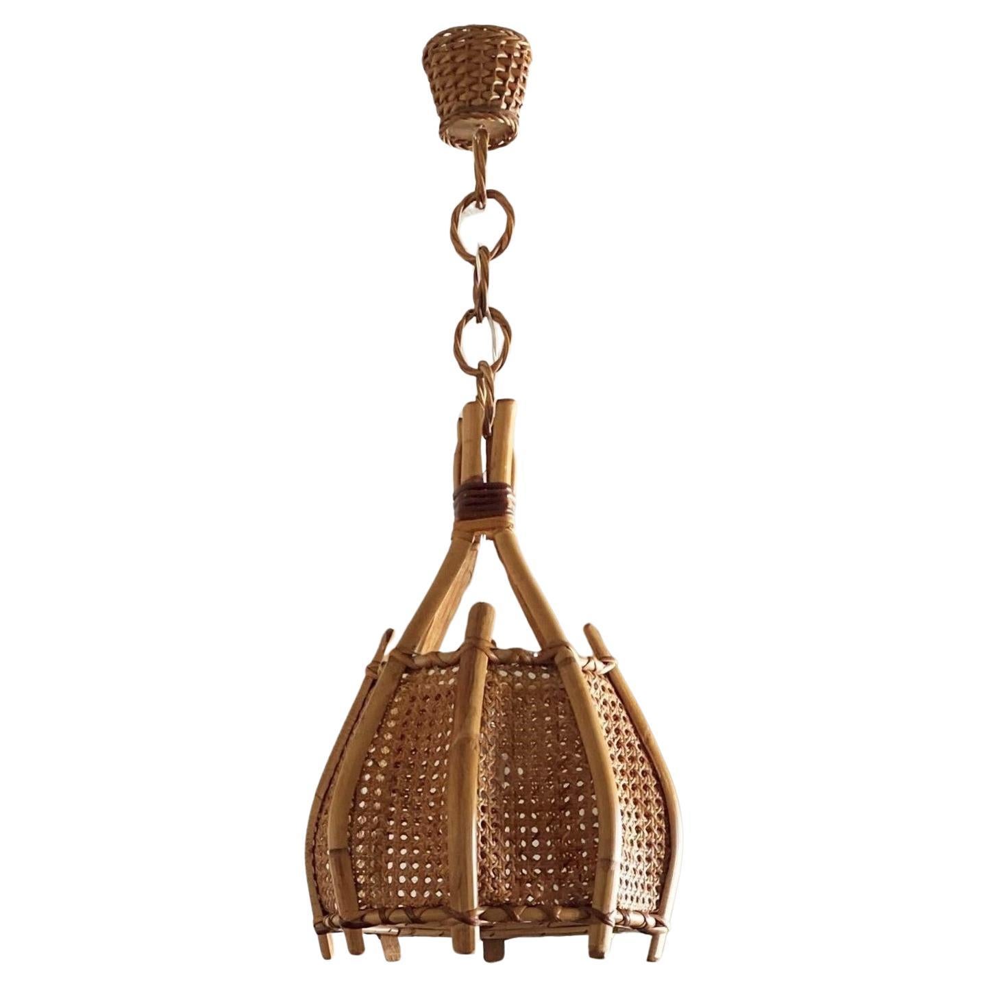 Midcenturyt Weidengeflecht Bambus Rattan Pendelleuchte oder Glocke Laterne, Frankreich, 1960er Jahre