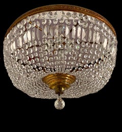French Large Bronze Crystal Flush Mounted Chandelier, 1950s