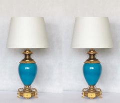 Paire de lampes de table anciennes en porcelaine et bronze turquoise