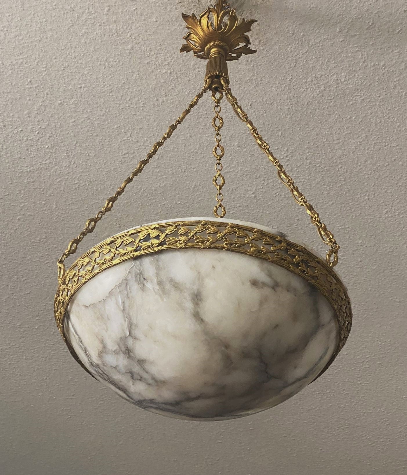 French Art Deco Alabaster Bronze Chandelier Pendant, Paris, 1910-1920