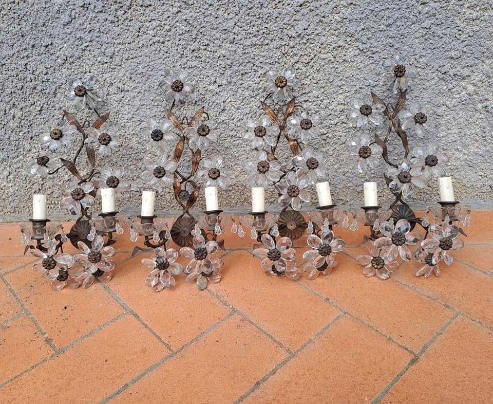 Four Maison Baguès Wrought Iron Clear Crystal Flower Wall Sconces, 1920s