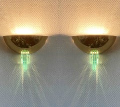 Pair of French Brass and Green Glass Wall Sconces in the Style of Jean Perzel