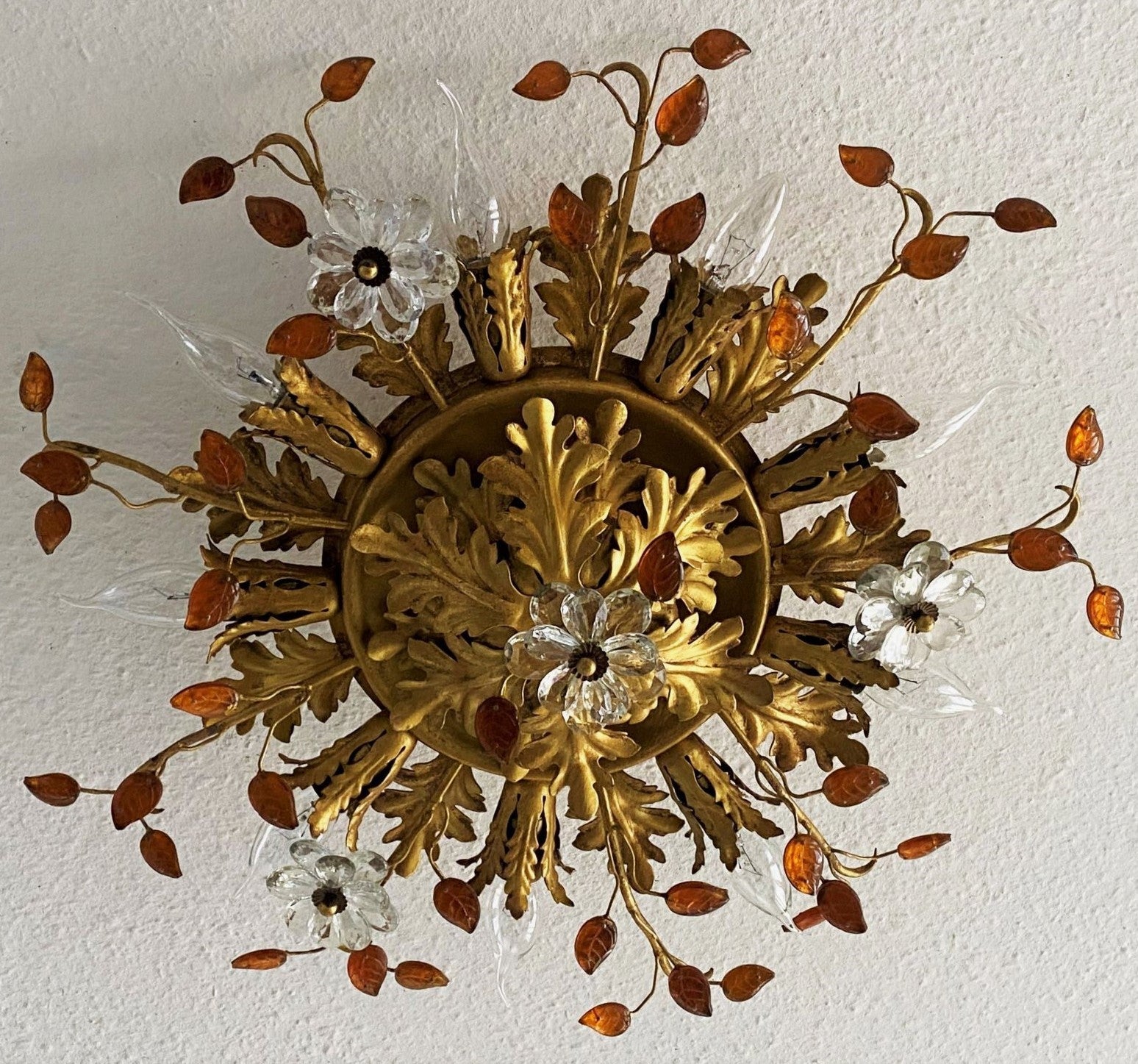 Maison Baguè Gilt Wrought Iron Crystal Nine-Light Flush Mount France, 1940s For Sale