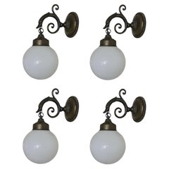 Used Five French Art Deco Brass Bird Opaline Glass Wall Sconces Indoor or Outdoor Use