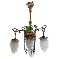French Art Nouveau Period Brass Glass and Crystal Four-Light Chandelier