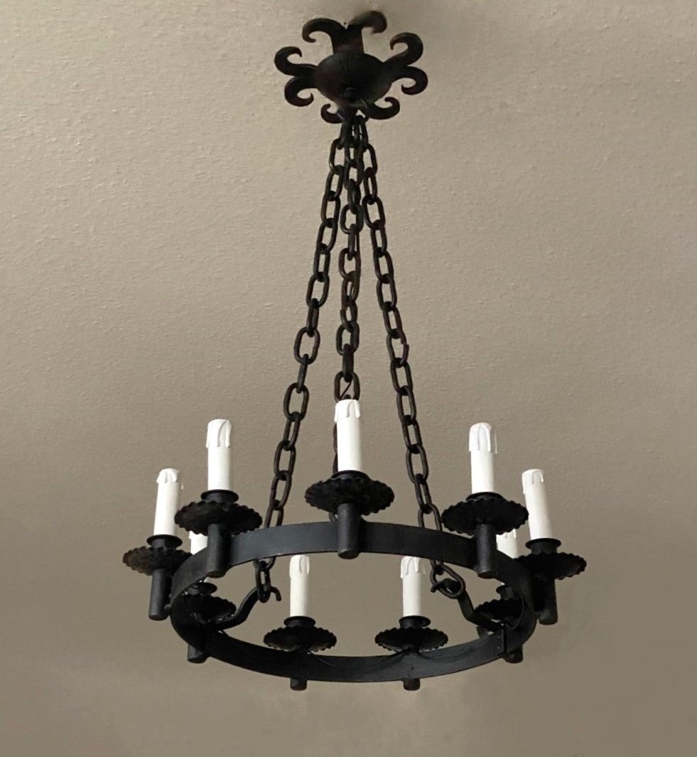 French Country Spanish Colonial Style Wrought Iron Nine-Light Chandelier For Sale