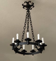 Used French Country Spanish Colonial Style Wrought Iron Nine-Light Chandelier