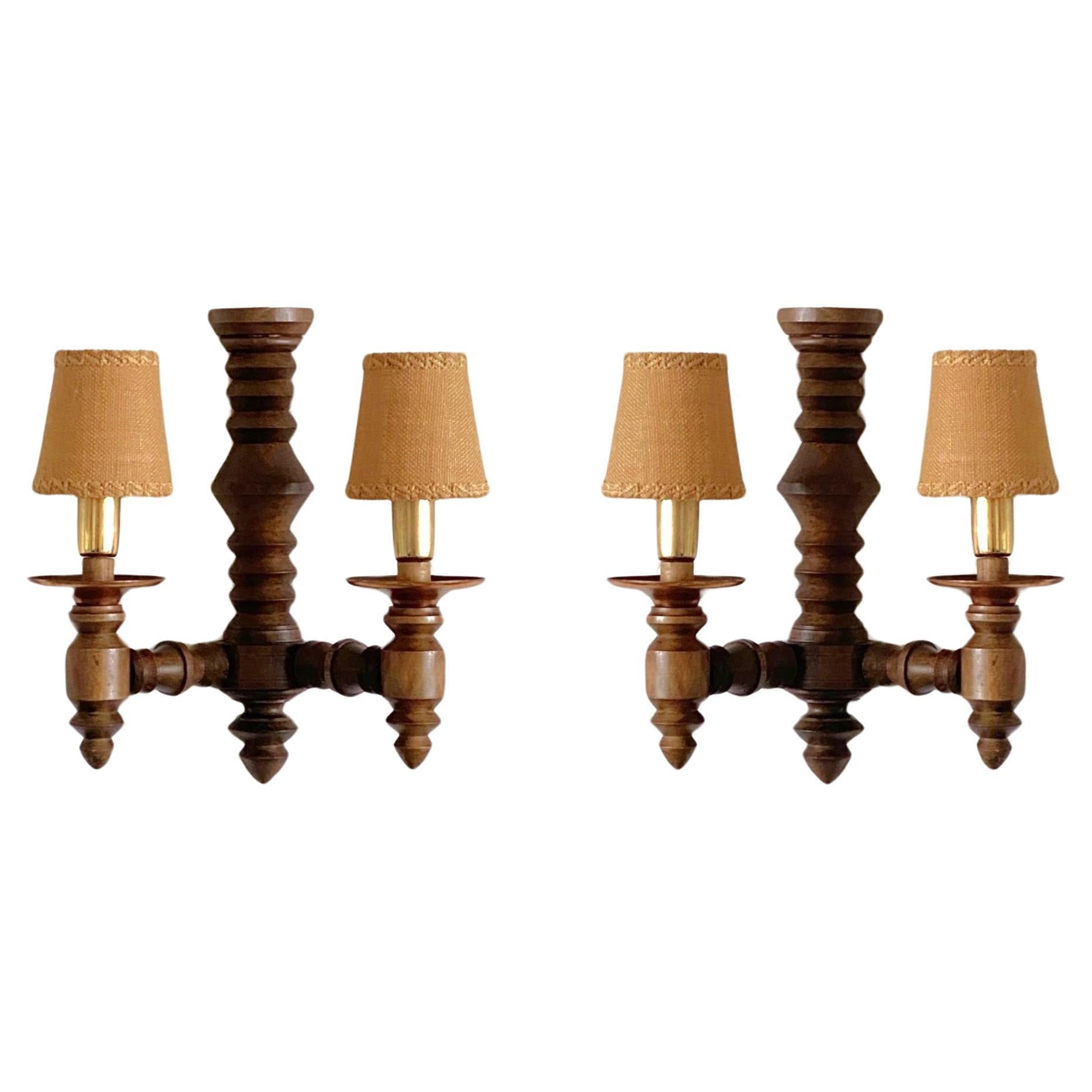 Pair of French Carved Wood Wall Sconces by Charles Dudouyt, 1940s For Sale