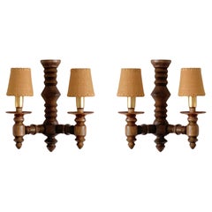 Retro Pair of French Carved Wood Wall Sconces by Charles Dudouyt, 1940s